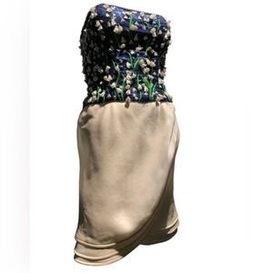 1980s Carolina Herrera Lily of the Valley Strapless Cocktail Sarong Mini Dress